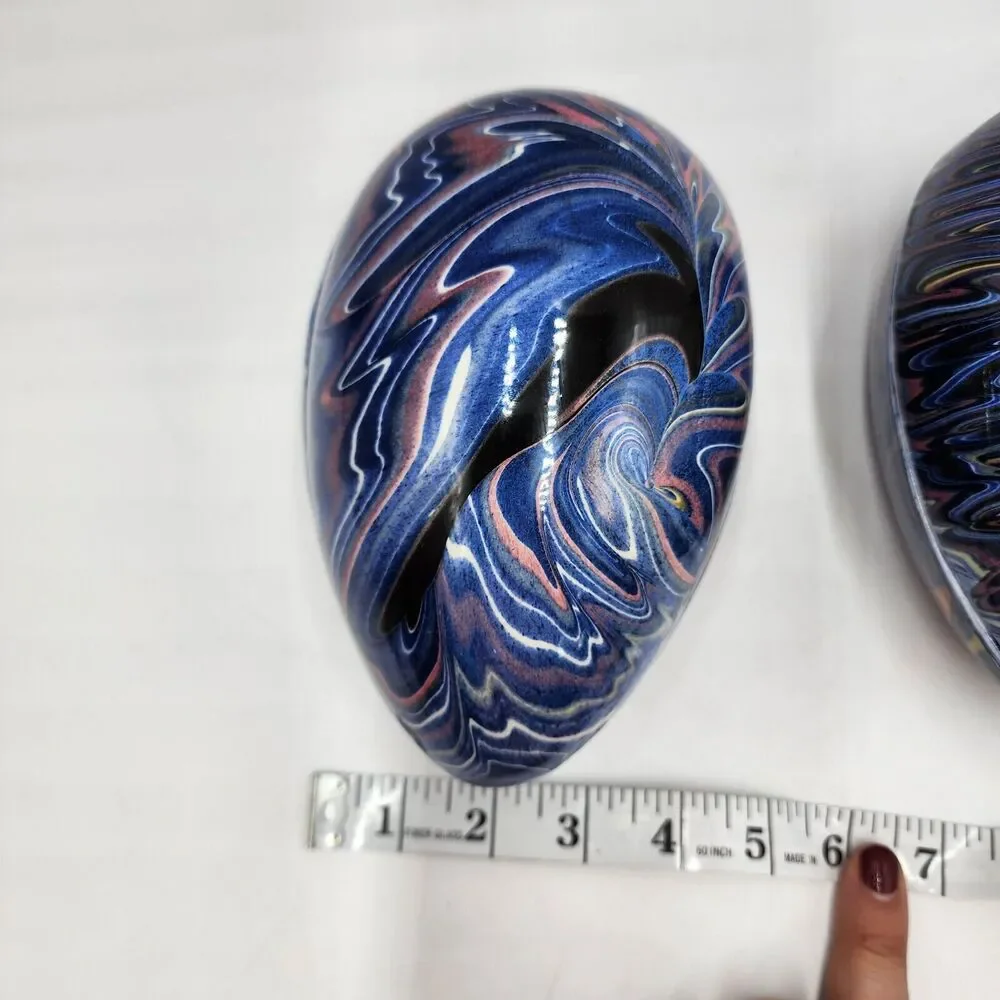 Vintage 2 Grazia Deruta Blue Swirl Pottery Egg Shape Ceramic Trinket Boxes Rare